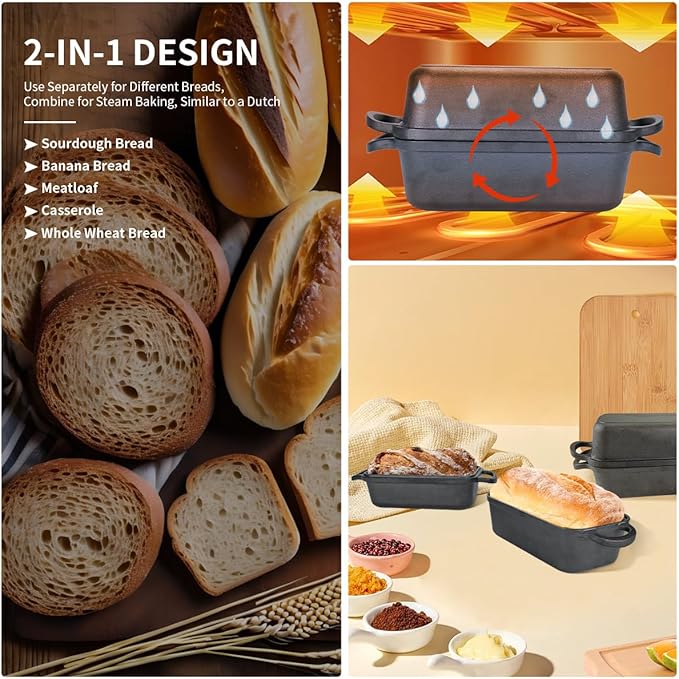 Cast Iron Bread Pan with Lid, Cast Iron Bread Loaf Pan with 2 Silicone Bread Mats, Sourdough Loaf Pan with Lid, Heavy Duty Loaf Pans for Oven Baking Bread, Bread Pans for Homemade Bread
