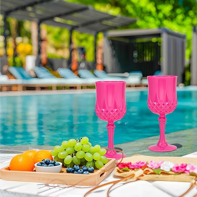 Plastic Vintage Wine Glasses 7OZ Plastic Goblets Vintage Drinking Glasses 12PCS Retro Wedding Glassware Water Goblets Reusable Drinking Cups for Party,Reception,Celebration,Bar,Whiskey(Rose Pink)