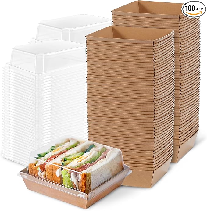 Plastic Charcuterie Boxes with Clear Lids 4in 100pcs, Brown Small Square To Go Paper Bakery Dessert Boxes, Disposable Mini Food Containers for Sandwich Cookie Slice Cake Strawberry Snack
