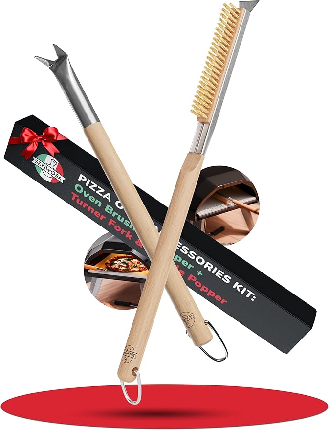 Pizza Oven & Stone Brush with Scraper, Turning Fork & Bubble Popper Bundle - Essential Accessories & Tools for Any Pizza Oven