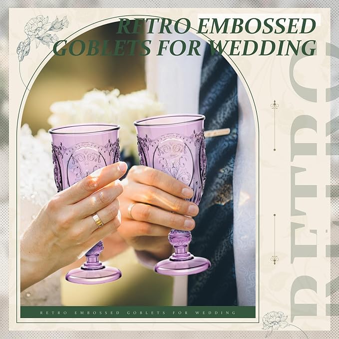 48 Pcs Plastic Goblets 7.5oz Vintage Goblet Plastic Wine Glasses Colored Retro Embossed Water Goblets for Wine Bar Juice Baby Shower Wedding Reception Grand Event Party (Purple)
