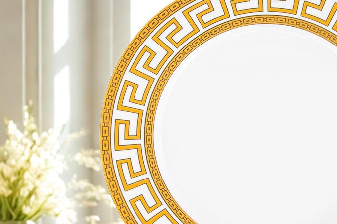 32 Piece Porcelain Dinnerware Sets – Service for 8 Plates and Bowls – White and Gold Greek Key Design Dishware for Kitchen, Formal Dining or Everyday Meals (Meander Gold)