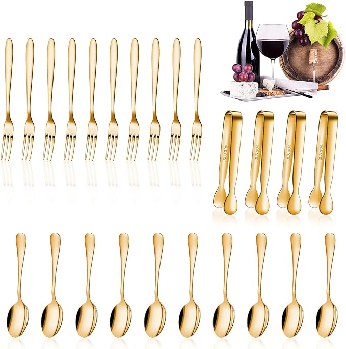 Cunhill 24 Pcs Charcuterie Accessories Mini Cocktail Tongs Small Serving Spoons and Appetizer Forks Stainless Steel Tongs Charcuterie Utensils for Valentine Party Supplies(Vivid Sharp Spoon,Golden)