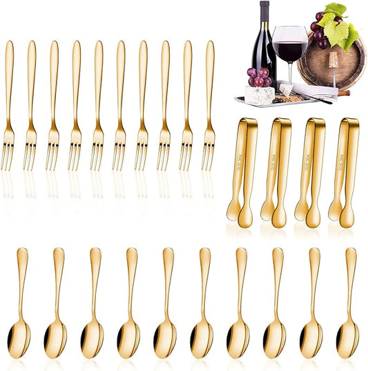 Cunhill 24 Pcs Charcuterie Accessories Mini Cocktail Tongs Small Serving Spoons and Appetizer Forks Stainless Steel Tongs Charcuterie Utensils for Valentine Party Supplies(Vivid Sharp Spoon,Golden)
