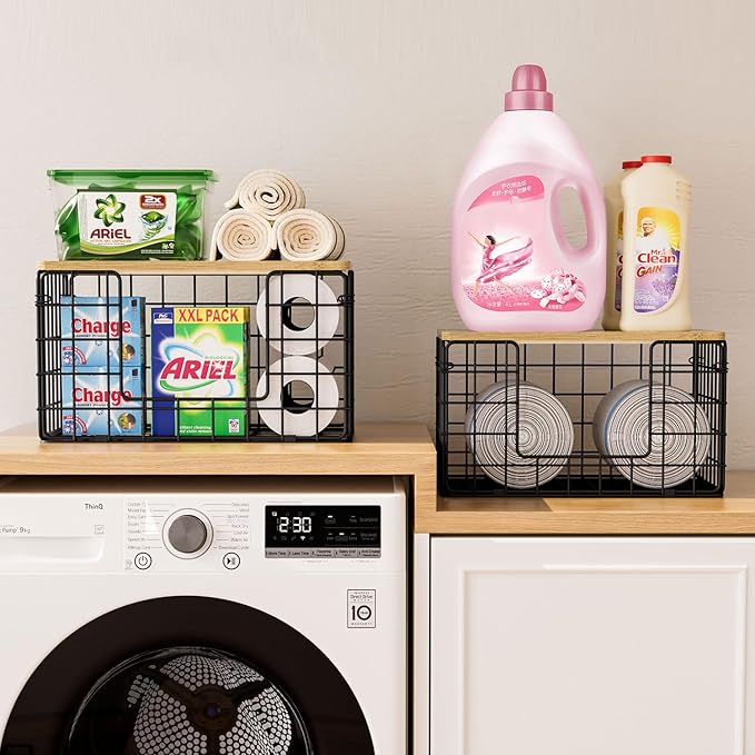 2 Pack Trash Bag Dispenser Under Sink, Trash Bag Holder with Bamboo Top, Garbage Bag Dispenser, Storage Stackable for Kitchen Laundry Organizers Countertop Organization Black