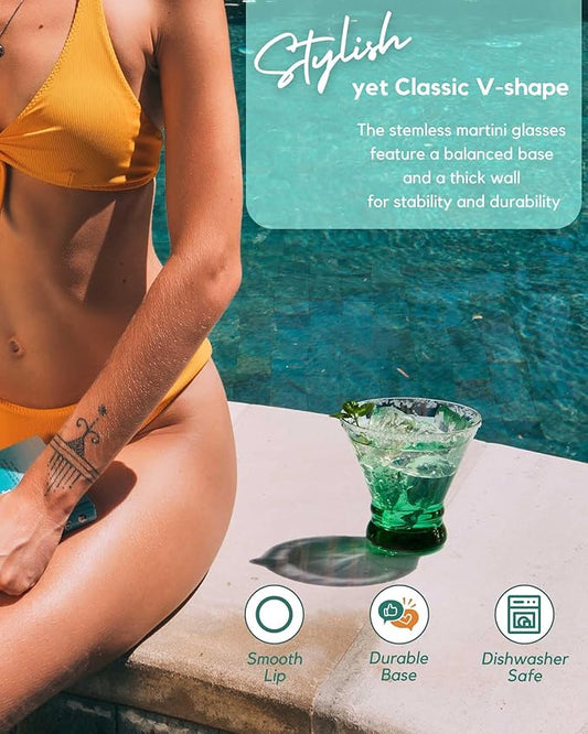 ColoVie Martini Glasses Set of 6 - Cocktail Glasses - 8oz Stemless Margarita, Bar, Dessert Glass - Colored Liquor Drinking Glassware - Cosmo, Manhattan, Espresso Martini - Cocktail Party Gift for Her