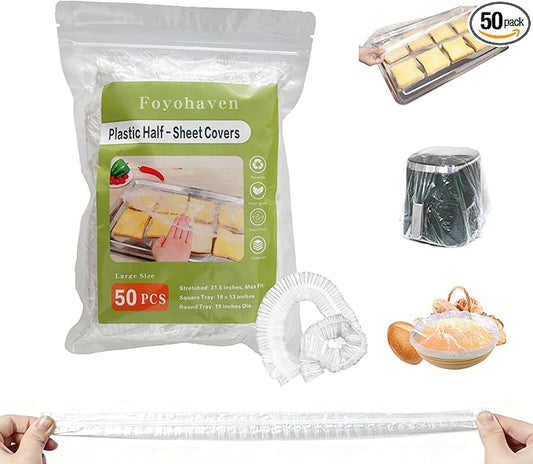 50 Pcs Extra Large Elastic Reusable Plastic Covers - 13x18 In for Half Sheet Pans & 10-19 In Bowls, BPA Free Transparent Lids for Dough Proofing, Meal Prep & BBQ