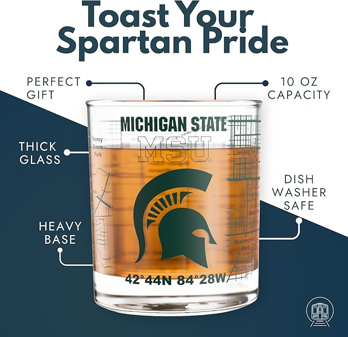 Greenline Goods – Michigan State University Spartans College Whiskey Glasses (Set of 2), 10 oz – Full-Color Logo + Campus Map