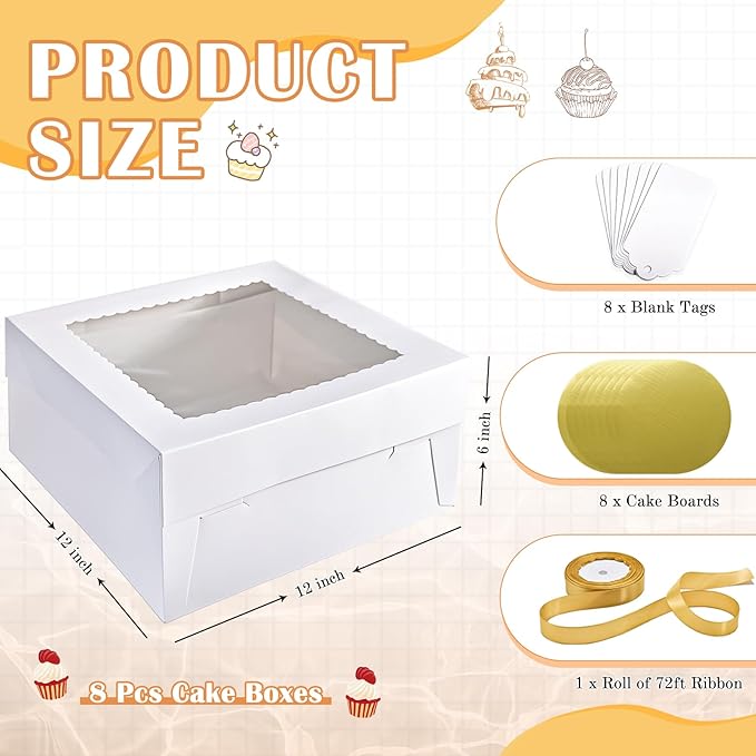 16Pcs 12x12x6 Inch Cake Boxes with Cake Boards (8Pcs White Cake Boxes, 8Pcs Cake Boards), Bakery Boxes with Window, Cake Carrier Container for Birthday Party, Wedding