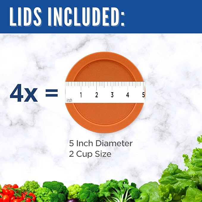 Replacement Lids for Pyrex 2-Cup Glass Food Storage Container Bowls, 5-Inch Plastic Round Lids Covers fits Pyrex 7200-PC, Airtight & Leakproof (4-Pack, Orange)