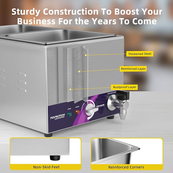 2-Pan Commercial Food Warmer with Non-Leakage Stretch-Forming Water Tank &2 of 1/2 Size GN Pan,Countertop Soup Station Bain Marie with Drain Tap for Buffet,Catering,Parties and Restaurants