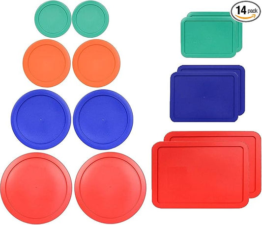 1, 2, 4 & 7 Cup Round & 3, 6, 11 Cup Rectangle Replacement Lids/Covers for Pyrex, Anchor Hocking & KlareWare Storage Bowls *Lids Only -Glass Container Not Included*, 14 Pack *2 of Each Size*