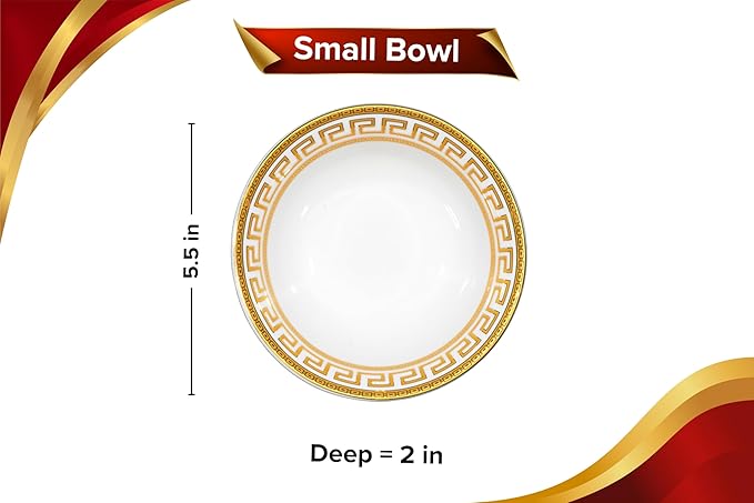 32 Piece Porcelain Dinnerware Sets – Service for 8 Plates and Bowls – White and Gold Greek Key Design Dishware for Kitchen, Formal Dining or Everyday Meals (Meander Gold)