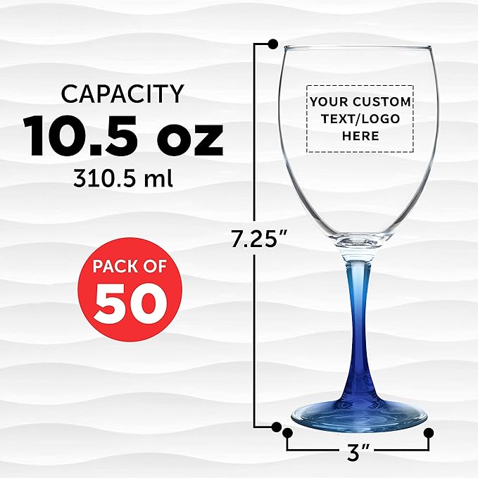 Custom Nuance Wine Glasses by ARC 10.5 oz. Set of 50, Personalized Bulk Pack - Restaurant Glassware, Perfect for Red Wine, White Wine, Cocktails - Blue
