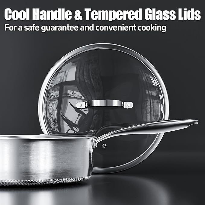 5 Qt Saute Pan with Lid, 10-inch 5 Ply Stainless Steel Pan with Lid, Non Stick Frying Pans, Cooking Pot Deep Frying Pan Non-Toxic, For Induction, Oven, Dishwasher Safe