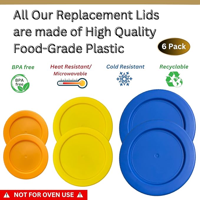 2, 4 & 7 Cup Orange, Yellow, Blue Replacement Lids/Covers for Pyrex, Anchor Hocking & KlareWare Storage Bowls *Lids Only Glass Container Not Included* (6 Pack *Two of Each Size*)