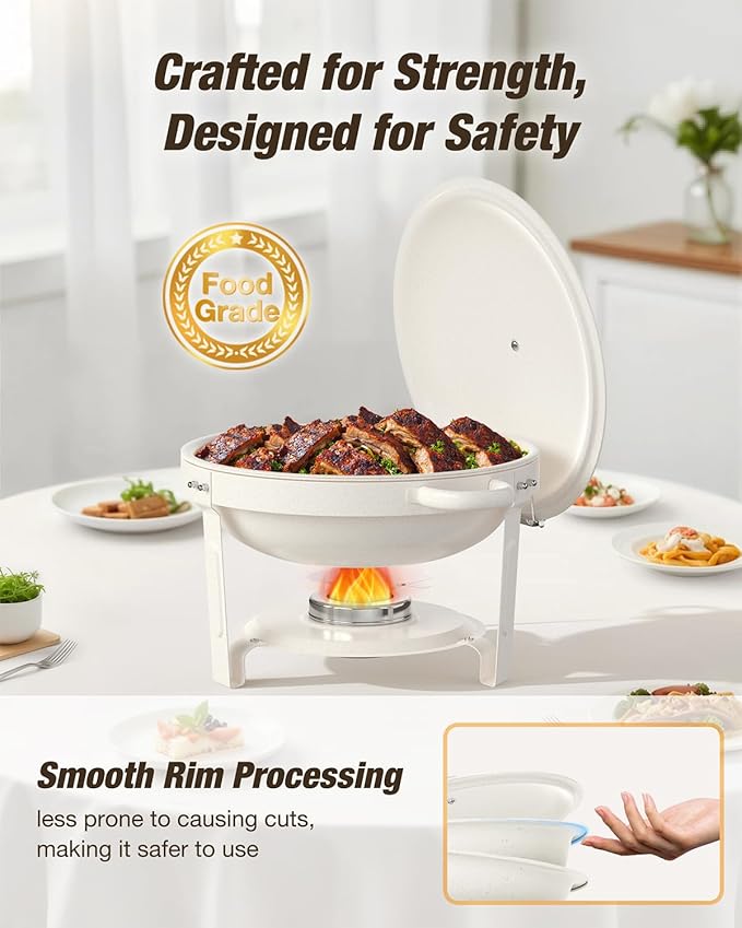 White Chafing Dishes for Buffet (5QT, 2Pack), Maifanite-Coated Round Chafers and Buffet Warmers Set w/Mirror-Polished Stainless Steel, Rolled Rim, Stackable, Lid Holder for Party, Wedding