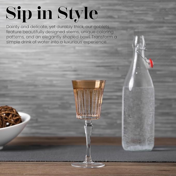 Vikko Water Glasses, Timeless Collection 8 Ounce Elegant Water Glass for Fine Dining, Set of 4 Amber Goblets with Stem, Dishwasher Safe