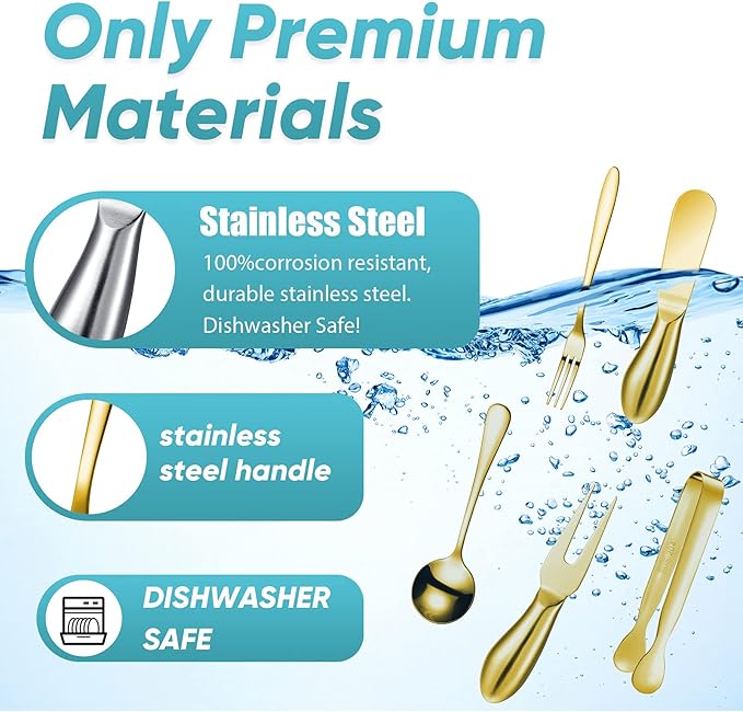 Patelai Charcuterie Board Accessories Cheese Spreader Knife Set Charcuterie Utensils Butter Knife Stainless Steel Mini Serving Tongs Spoons Appetizer Forks for Pastry Christmas(Golden,20 Pieces)