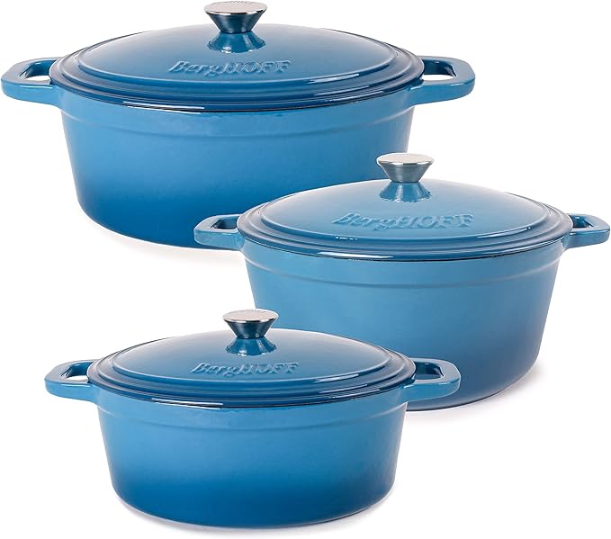 BergHOFF 6Pc Neo Enameled Cast Iron Dutch Oven Set, Matching Lid,Fast, Evenly Heat, Oven Safe, Blue