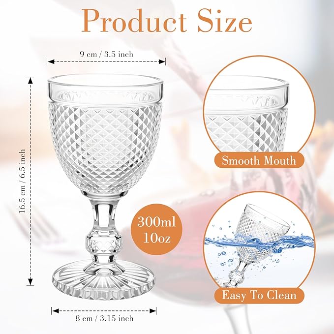 Bokon 6 Pack Clear Glass Goblets Set 10 oz High Clear Wine Glass Vintage Water Goblets Cups Embossed Diamond Design Glassware with Stem for Drinking Juice Liquor Party Wedding Bar