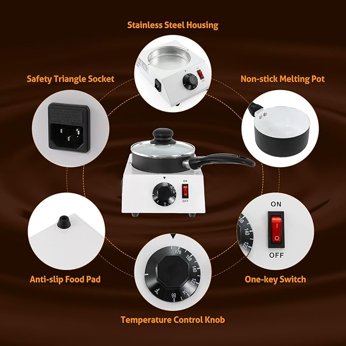 WICHEMI Chocolate Melting Pot Chocolate Tempering Machine Commercial Electric Chocolate Melter Fondue Pot for Chocolate, Butter, Cheese, Cream, Candy, Milk, Coffee, Desserts (Single Pot)