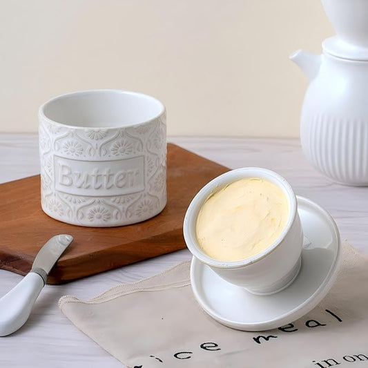 Ceramic Butter Crock with Lid, French Butter Dish with Water Line for Countertop, Butter Keeper for Spreadable Butter, Container Holder for Kitchen and Home Decor, 6.7 OZ, Vintage White