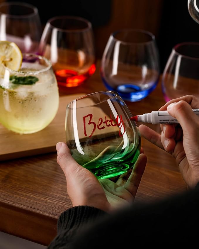 ColoVie Stemless Wine Glasses Set of 6, Large Colored Wine Glasses, Short Wine Glass Set for Red Wine, White, Red, No Stem Margarita Glasses, 15 oz