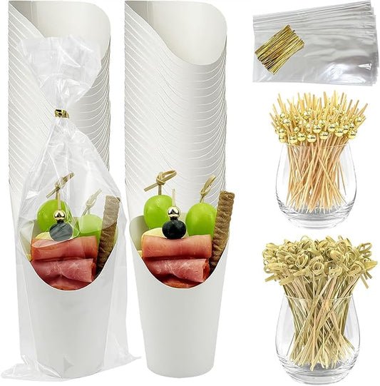 CAMKYDE 50 Sets Disposable Charcuterie Cups with Sticks and Bags, 12 oz White Paper Snack Appetizers Cup French Fry Holder with Cocktail Picks Toothpicks (50 Cups+50 Bags+200 Sticks)