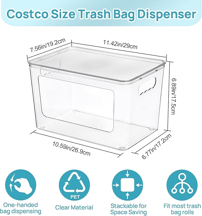 Vtopmart 1 Pack Trash Bag Holder, Stackable Garbage Bag Dispenser for 13/30/33 Gallon Bags, Clear Organizer Bins for Under Kitchen Sink, Laundry Room Organization and Storage