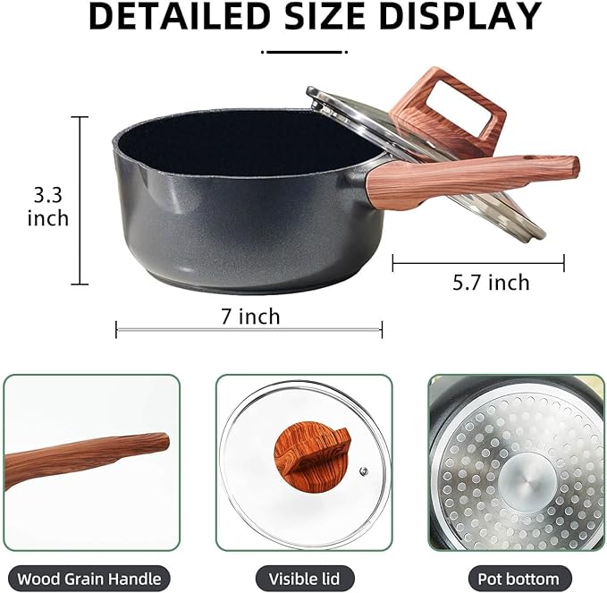 2 Quart Nonstick Sauce Pan with Lid, Nonstick Saucepan with Pour Spout, Small Pots for Cooking with Handle for All Cookers, Stove, Induction, Gas, Non Toxic (Granite, Black)