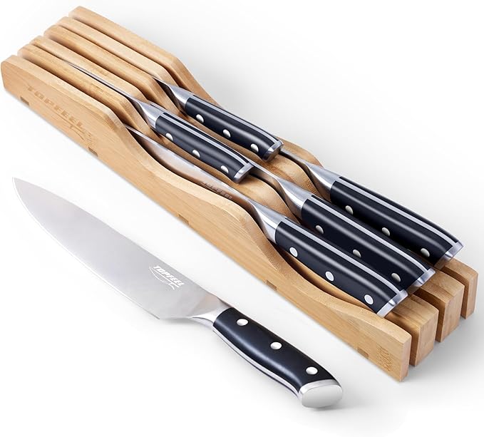 6Pcs Kitchen Knife Set with In-Drawer Bamboo Knife Organizer- 3.5-8 Inch Set Kitchen Knives German High Carbon Stainless Steel Sharp Knife, Knives Set for Kitchen with Ergonomic Handle