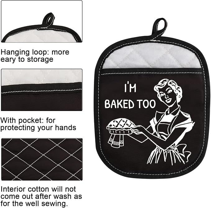 Novelty Baking Gift Heat Resistant Potholder Oven Pad with Pocket I’m Baked Too Funny Baker Gift for Mom Sister Friend (I'm Baked Too Black)