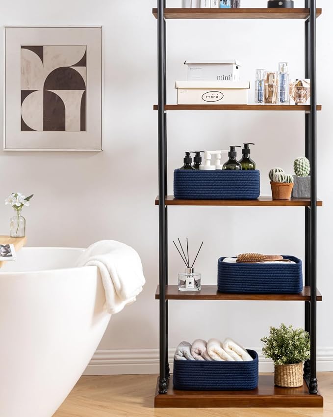 Small Woven Basket, 12 x 8 x 4.5 Inches, Storage Basket for Organizing, Cute Small Rope Shelf Closet Cube Storage Bins Baskets for Shelves, Dog Toy Gift Baskets Empty, 3 Packs, Navy Blue