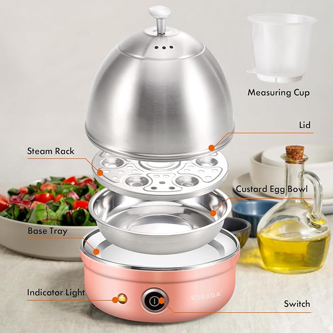 VOBAGA Electric Egg Cooker, Rapid Egg Boiler with Auto Shut Off for Soft, Medium, Hard Boiled, Poached, Steamed Eggs, Vegetables and Dumplings, Stainless Steel Tray with 7-Egg Capacity, Pink