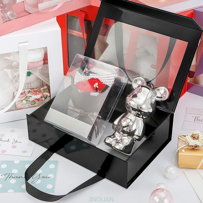 Black Gift Box with Window, Gift Box with Lid and Handle, Clear Magnetic Gift Box for Present, Groomsman Proposal Box (10.5x7.5x3 Inches