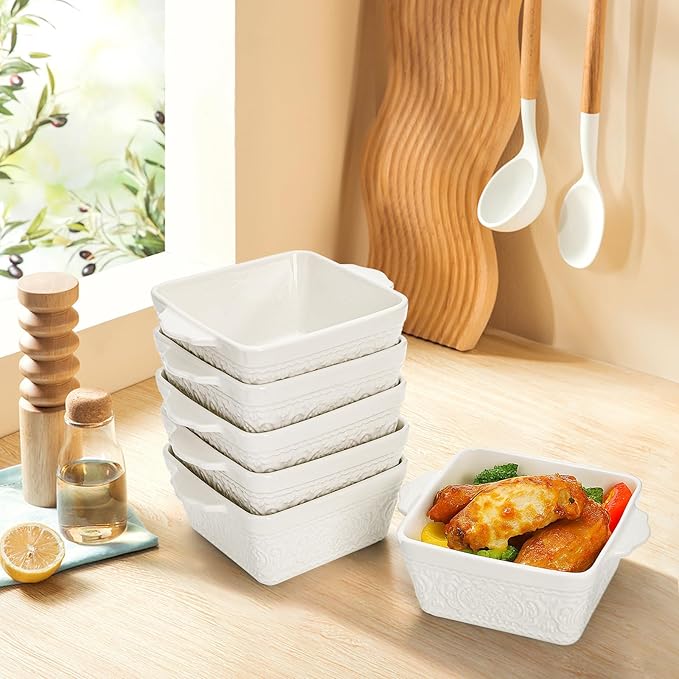 6 Pack 13 OZ Ceramic Baking Dishes, 4.5" Mini Square Bakeware Set, Small Baking Pan with Handle, Individual Casserole Dish for Oven, Roasting, Lasagna, Pie, Gratin, Microwave Safe, White