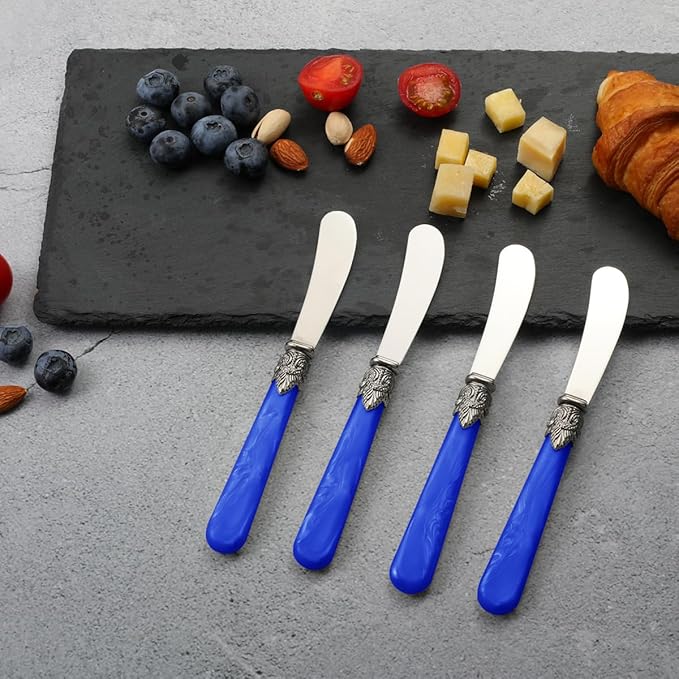 REVERIE Collection 4-piece Stainless Steel Butter Spreader Cheese Knife, Giftable Butter Knives set, Bread Knife set (Blue)