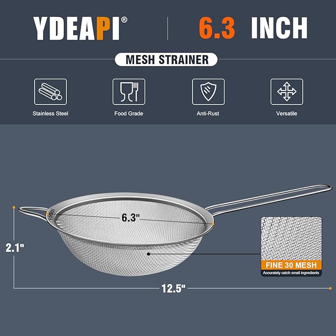 6.3" Fine Mesh Strainer with Handle, Metal Food Strainers for Kitchen, Sieve Fine Mesh Stainless Steel for Rice, Quinoa, Pasta, Noodles
