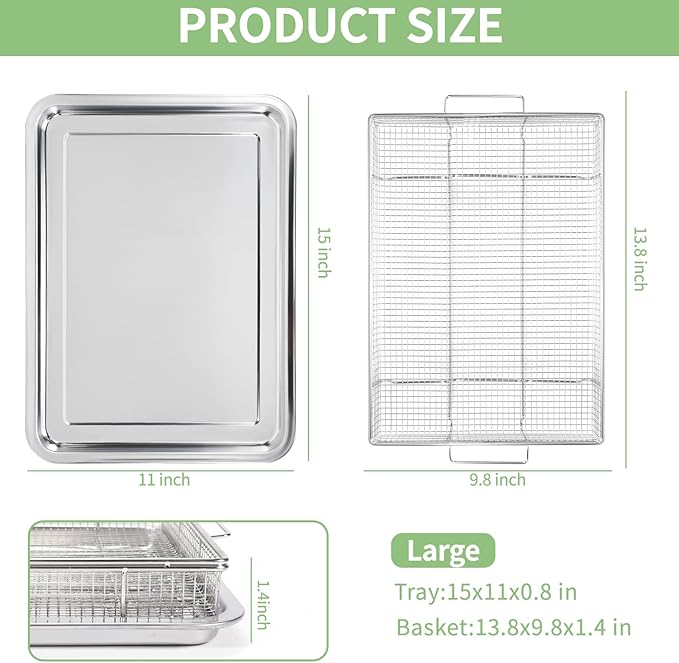 Air Fryer Basket for Full Size Oven,2 PCS-Set,Sturdy Basket & Baking Crisper Tray Pan for Easy Cleaning and Crispy Results,Stainless Steel Air Fryer Accessories,with one Removable Handle,15''×11''