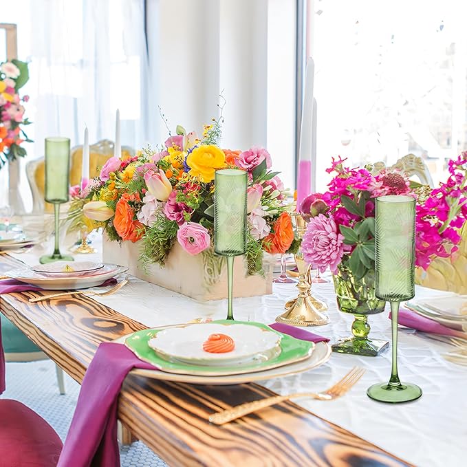 6 Pieces Green Champagne Flutes,6 OZ Twill Pattern Striped Vintage Stem Glasses Stemware Wine Glasses Champagne Long Stem Drinking Colored Glasses Goblets for Wedding Cocktail Cups,Cava, Prosecco