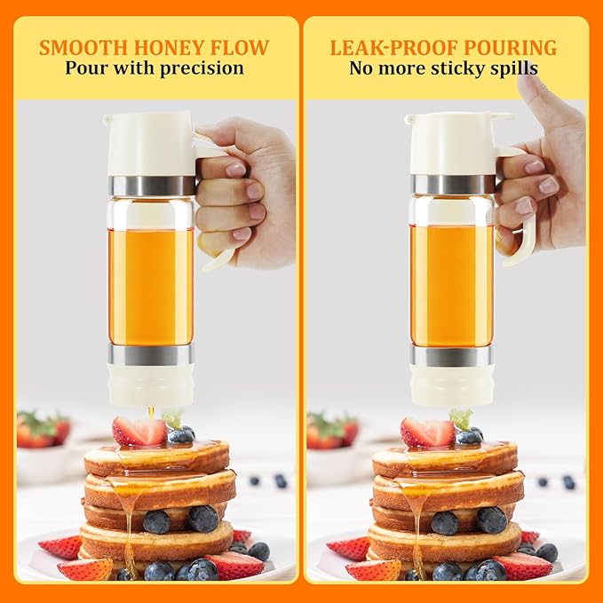 Aelga Glass Honey Dispenser Pot, No Drip 12 OZ Honey Jar with Handle, Syrup Dispenser for Coffee or Tea, White