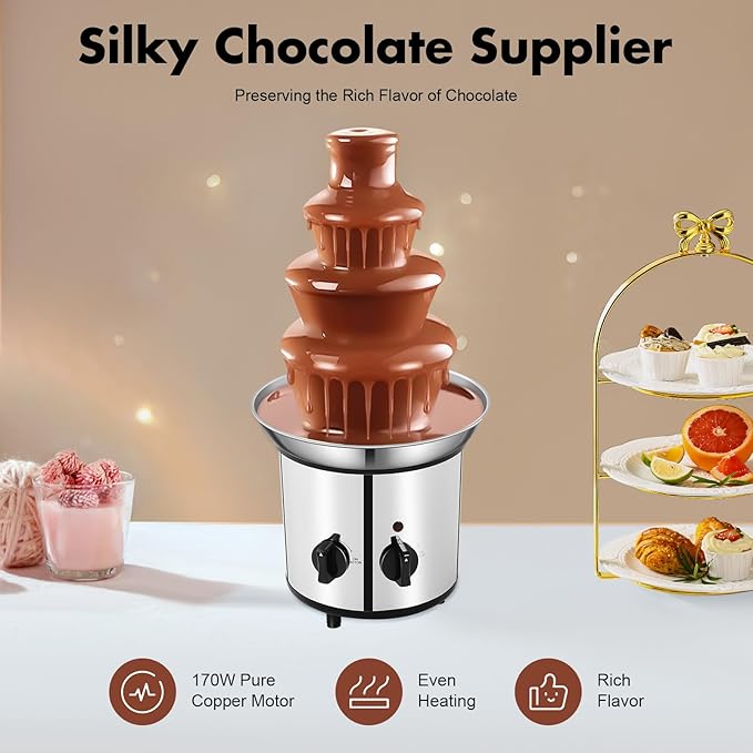 4 Tier Chocolate Fountian Electric Chocolate Fondue Melting Machine 60-Ounce Stainless Steel Luxury Cheese Cascading Fondue for Parties