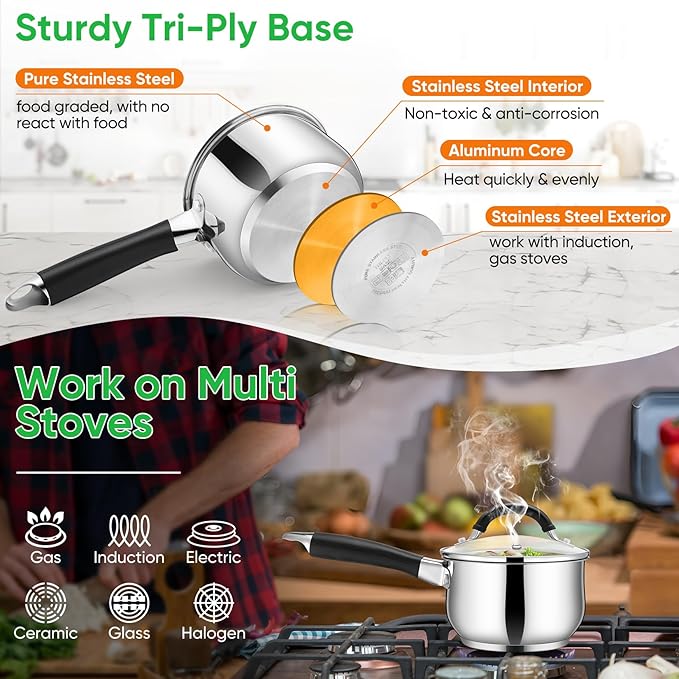 P&P CHEF 1 Quart Sauce Pan with Lid, Stainless Steel Saucepan, Small Milk Pot for Multipurpose Cooking, Visible Glass Lid & Stay-cool Silicone Handle & Tri-Ply Base, For All Stoves & Dishwasher Use