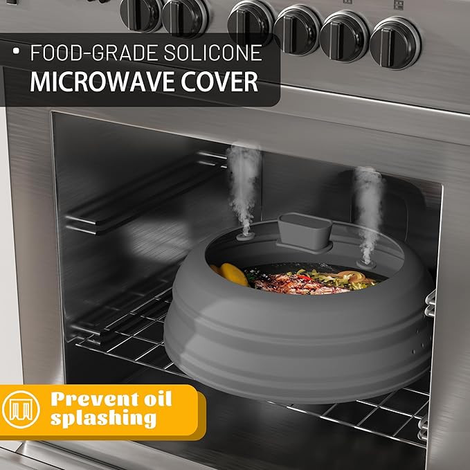 Microwave Splatter Cover, Vented Silicone and Glass Cover Splatter Guard Lid, Food Collapsible Plate Cover Lid with Easy Grip Handle. (Gray, 10.8 inch)