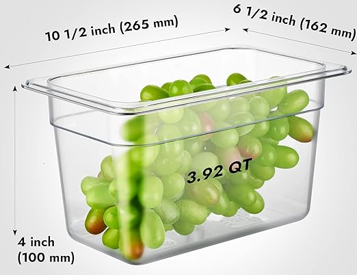 CURTA 6 Pack NSF Food Pans, 1/4 Size 6 Inch Deep, Commercial Polycarbonate Plastic Clear Freezer-Safe