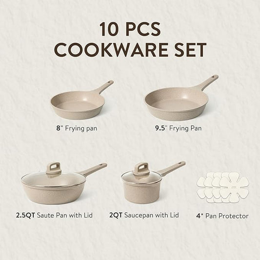 CAROTE Pots and Pans Set Nonstick, Cookware Set Non Stick, Induction Cookware Sets, Kitchen Cooking Set with Stay-Cool Handles, 10 Piece