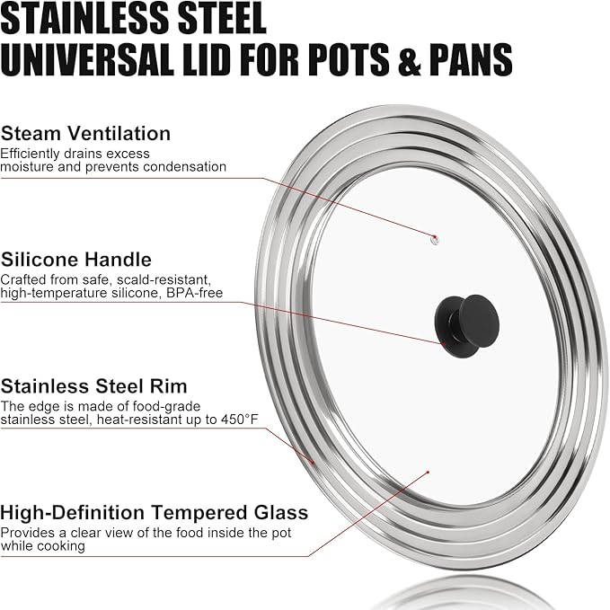 Pan Lid Fits 11, 12 & 13 Inch Cookware, Universal Lid for Pots, Pans and Skillets,Replacement Frying Pan Cover with Tempered Glass Top, Stainless Steel Cast Iron Skillet Lids - Heat Resistant Handle