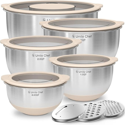 Mixing Bowles Set with Lids Set - Warp-Proof TPR-AS Lids, Stainless Steel Mixing Bowl with 3 Graters & Measuring Lines, Non-Slip Bowls for Baking, Prep, Airtight Food Storage (Khaki 5/3/2/1.5/0.63QT)