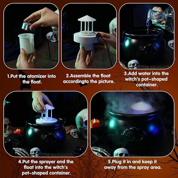 Wettarn Halloween Witches Cauldron 8 Plastic Smoking Cauldron Punch Bowl Decorations with Handle Mist Maker Fogger 12 LED Lights Fog Machine Atomizer Large Smoking Pot for Indoor Outdoor Parties